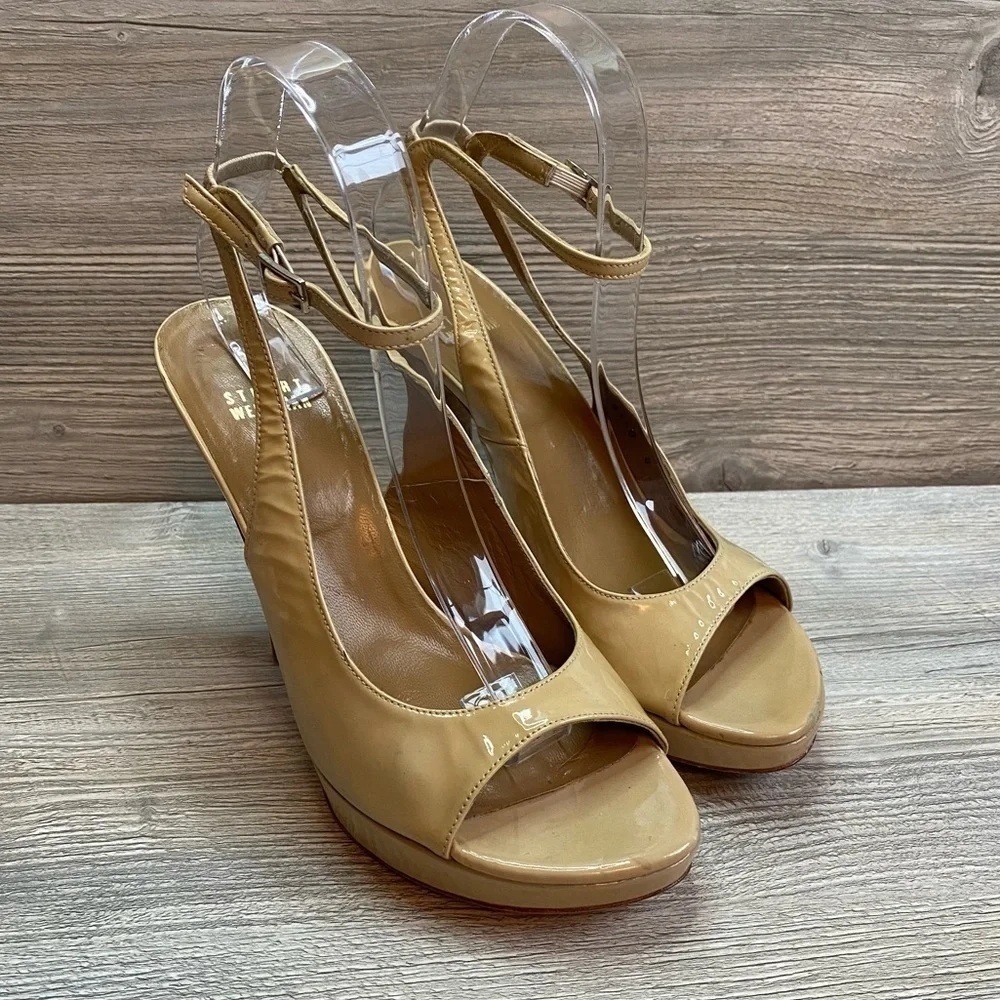 Stuart Weitzman beige patent leather ankle strap platform open toe heels size 8